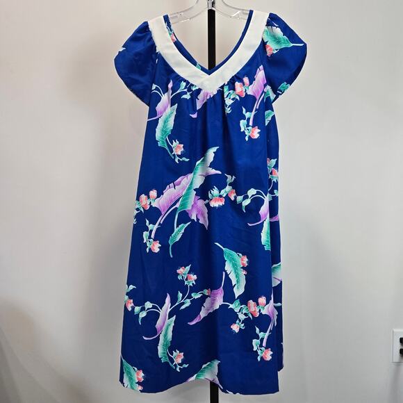 Hilo Hattie's Hawaiian Floral Print Midi Dress Blue Pink V-Neck Small - Picture 1 of 5